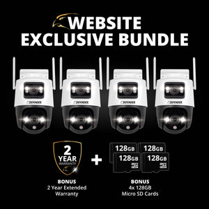 EXCLUSIVE BUNDLE: AI POWERED Guard Pro 3K PLUS Dual Lens PTZ, 128GB SD Card, 2 Year Warranty, 4 Pack